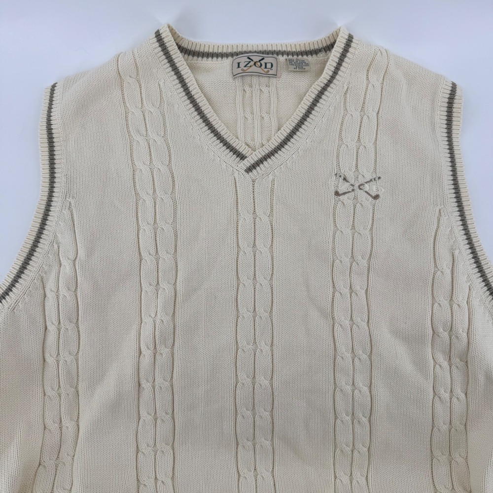 VTG IZOD Mens Cable Knit Sweater Vest Cream V-Neck Golf Embroidered Cotton Large